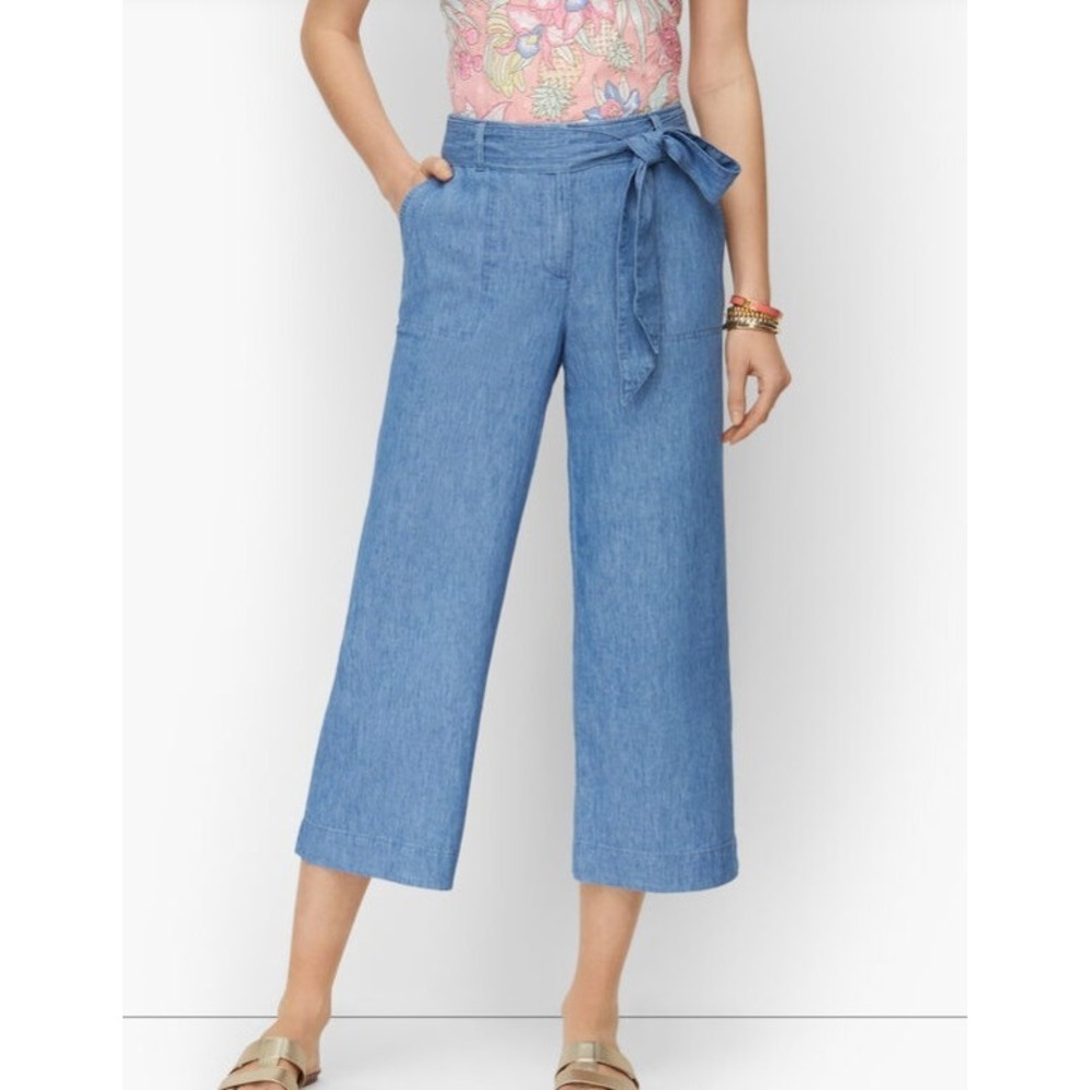 Talbots Chambray Wide Leg Linen Pants Womens 8 Blue Belted Cropped Minimalist